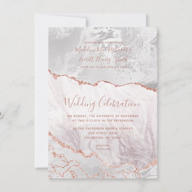 White & Rose Gold Agate Marmorfoil Gilded Wedding Save The Date (Vorderseite)