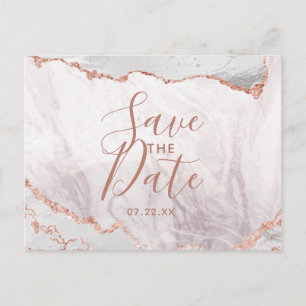 White & Rose Gold Agate Marmorfolie Save the Date Ankündigungspostkarte