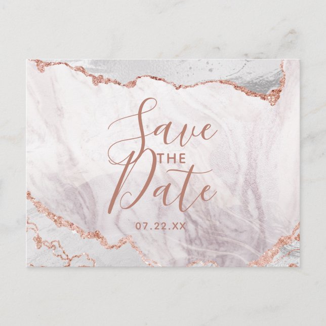 White & Rose Gold Agate Marmorfolie Save the Date Ankündigungspostkarte (Vorderseite)