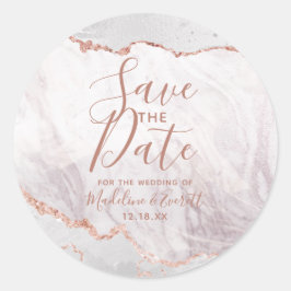 White & Rose Gold Agate Marmorfolie Save the Date Runder Aufkleber
