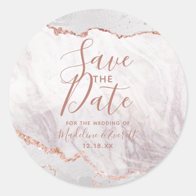 White & Rose Gold Agate Marmorfolie Save the Date Runder Aufkleber (Vorderseite)