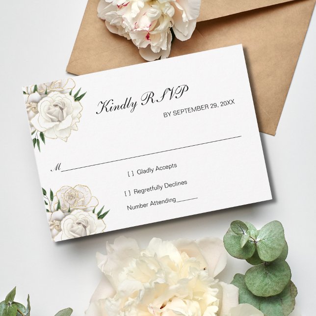 White Rose Gold Floral Formal Hochzeitsfeier UAWG RSVP Karte (White Roses with gold trim Wedding RSVP Card. Formal Elegant 5x3.5 inches)
