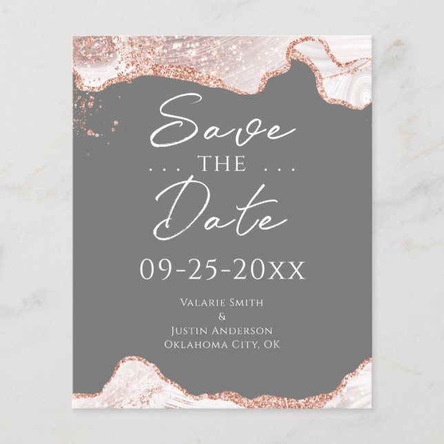 White Rose Gold Glitzer Agate Save the Date (Vorderseite)