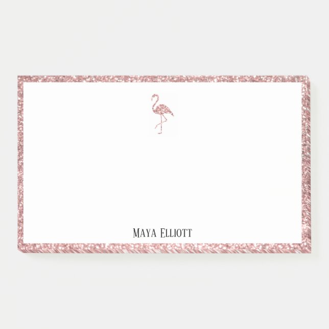 White + Rose Gold Glitzer Flamingo & Border Name Post-it Klebezettel (Vorderseite)