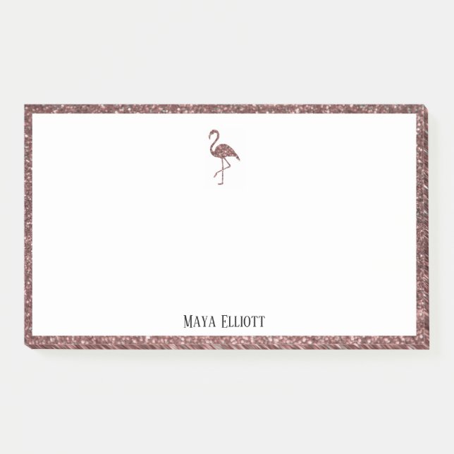 White + Rose Gold Glitzer Flamingo & Border Name Post-it Klebezettel (Vorderseite)