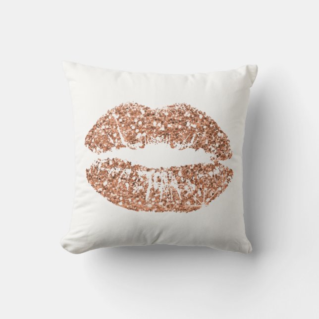 White Rose Gold Glitzer Kiss Lips Kupfertopf Kissen (Vorderseite)