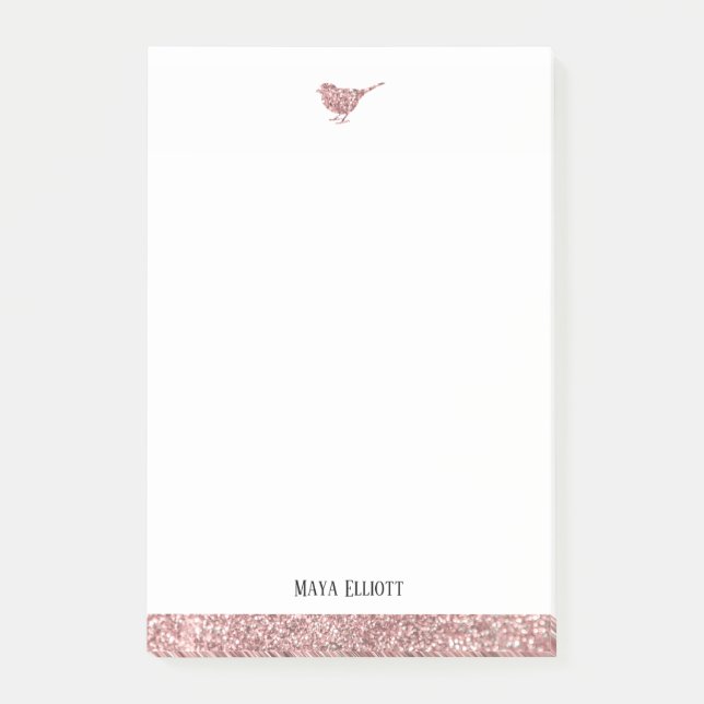 White & Rose Gold Imitate Glitzer Bird & Border, N Post-it Klebezettel (Vorderseite)