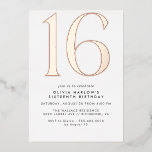 White & Rose Gold | Modern Minimal 16th Birthday Folieneinladung<br><div class="desc">Modern style 16th birthday invitations with a large heading "16" in real metallic foil. Rose gold foil on a white background. (Background colors can be changed by using the design tool. You can also change the type of metallic foil.)</div>