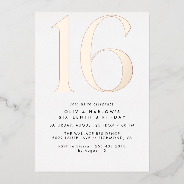 White & Rose Gold | Modern Minimal 16th Birthday Folieneinladung (Vorderseite)