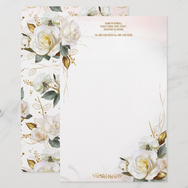 White Rose Gold Romantic Floral Stationery Briefpapier (Vorne/Hinten)
