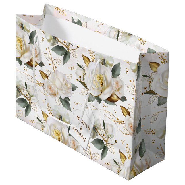 White Rose Gold Romantic Floral Wedding Große Geschenktüte (Vorderseite Schrägansicht)