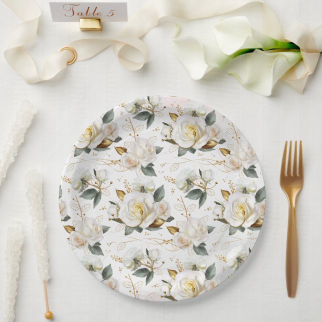 White Rose Gold Romantic Floral Wedding Pappteller (Hochzeit)