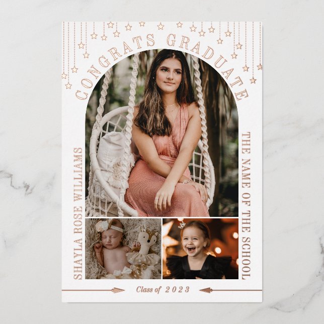 White & Rose Gold Stars Arch Foto Abschluss Folieneinladung (Vorderseite)