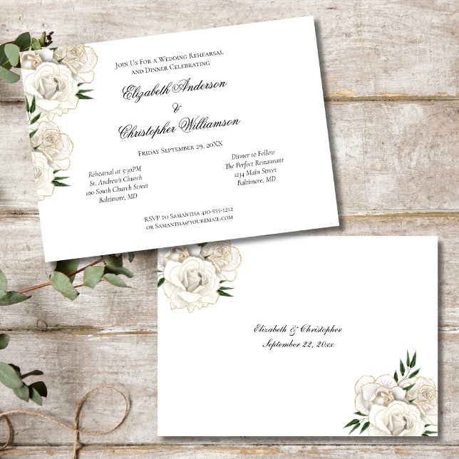 White Rose Gold Trim Elegante Hochzeitsfeier Probe Einladung (White Roses Floral Flowers Gold Trim, Wedding Rehearsal Dinner Invitation)