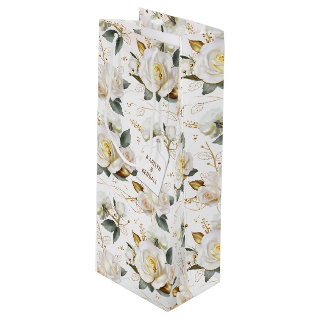 White Rose Gold Wedding Geschenktüte Für Weinflaschen (Vorderseite Schrägansicht)