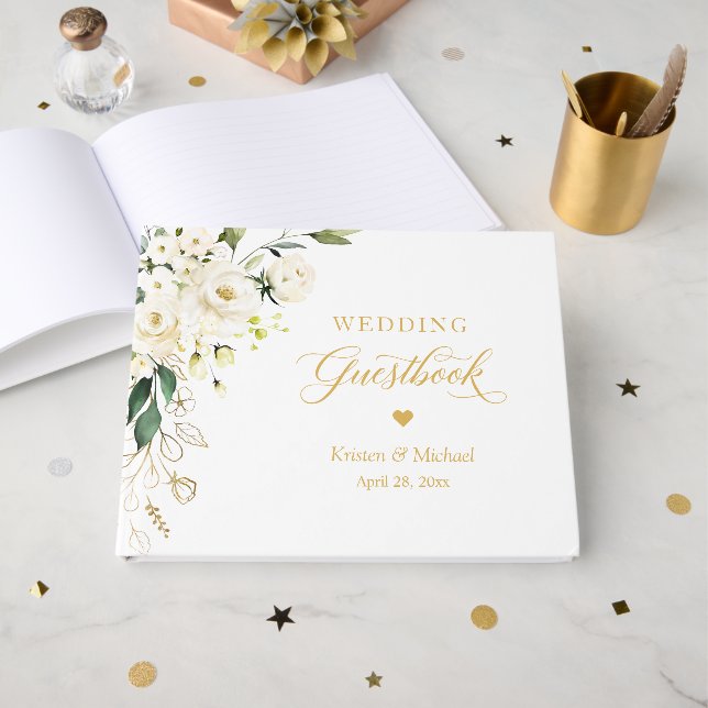 White Rose Greenery Floral Gold Text Wedding Gästebuch (Vorderseite Offen)