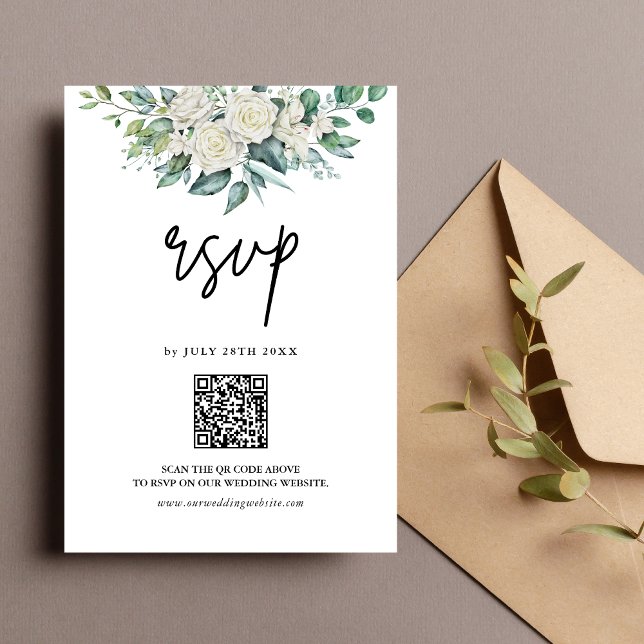 White Rose Greenery Floral QR Code Hochzeit RSVP Karte (Von Creator hochgeladen)