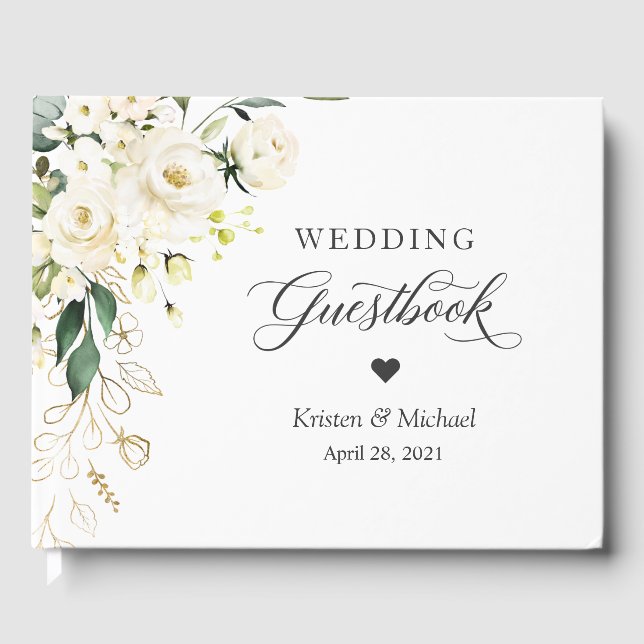 White Rose Greenery Gold Floral Wedding Gästebuch (Vorderseite)