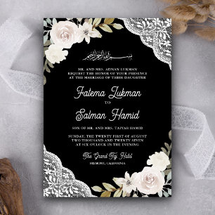 White Rose Lace Black QR Code muslimische Hochzeit Einladung