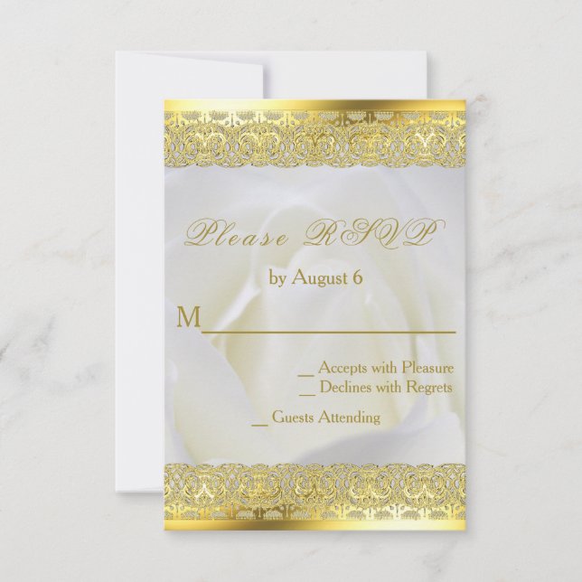 White Rose mit Gold Lace Hochzeit RSVP Karte (Vorderseite)