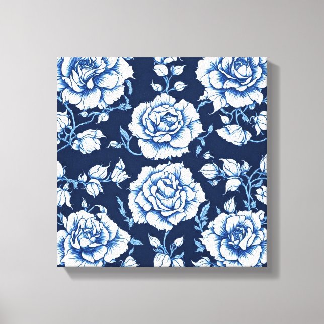 White Rose Muster & Royal Blue Background Art Leinwanddruck (Vorderseite)