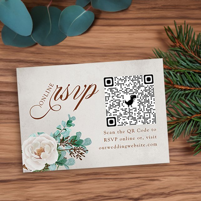 White Rose und Eukalyptus Online UAWG QR Code Begleitkarte (Winter Wedding Online RSVP Card with QR code, elegant calligraphy, white rose and eucaluptus)