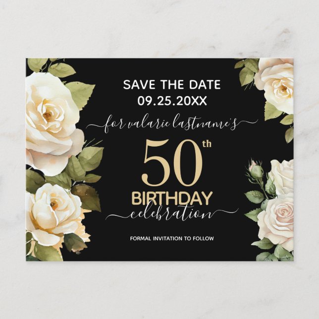 White Roses 50. Geburtstag Save the Date Postkarte (Vorderseite)