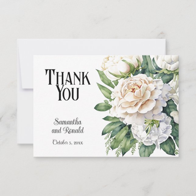 White Roses and Peonies Wedding Dankeschön Card Einladung (Vorderseite)