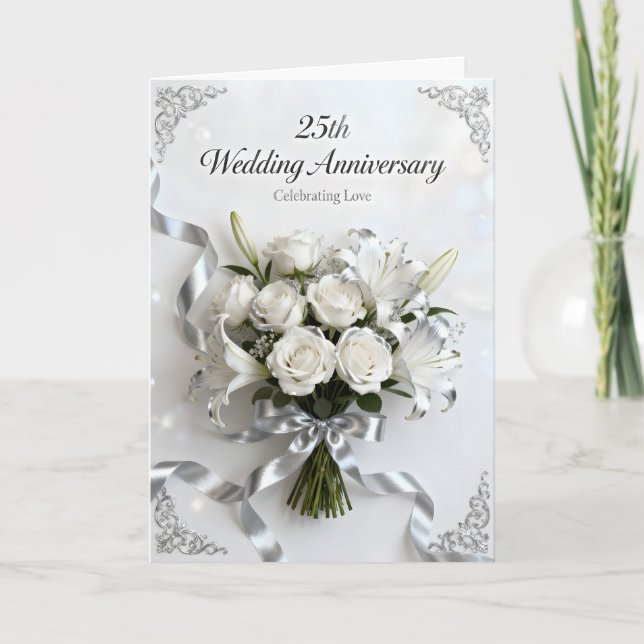 White Roses and Silver Ribbon 25th Anniversary Karte (Vorderseite)