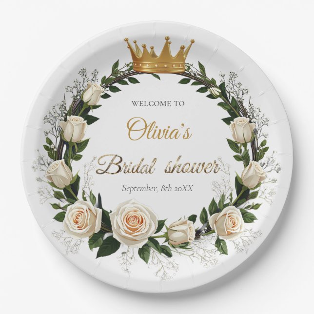 White Roses & Baby’s Breath Bridal Shower Pappteller (Vorderseite)