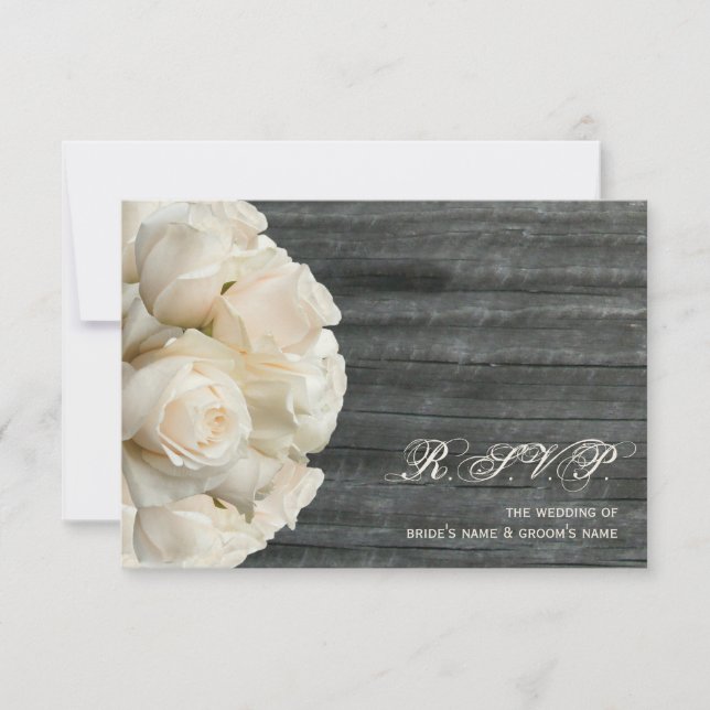 White Roses & Barnwood Wedding RSVP Karte (Vorderseite)