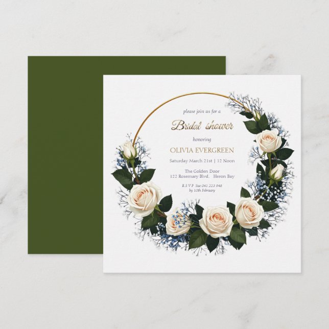 White Roses & Blue Baby’s Breath Bridal Shower Einladung (Vorne/Hinten)