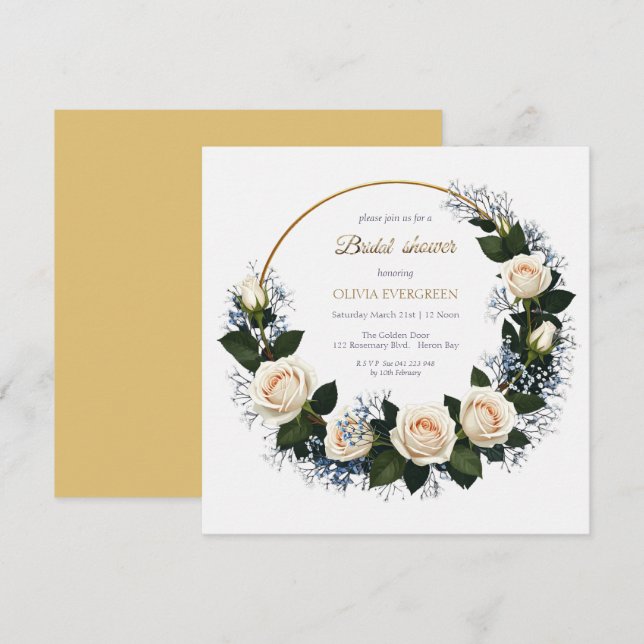 White Roses & Blue Baby’s Breath Bridal Shower Einladung (Vorne/Hinten)