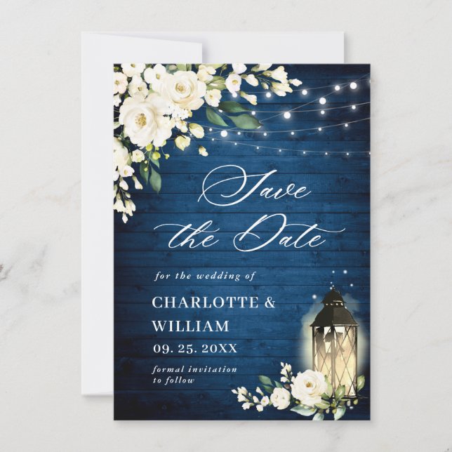 White Roses Blue Wood Lantern Wedding QR Code Save The Date (Vorderseite)