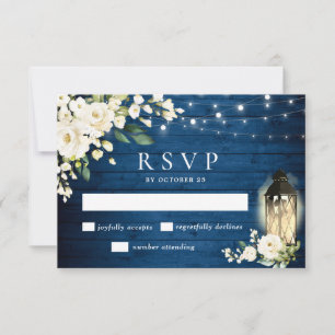 White Roses Blue Wood Lantern Wedding RSVP Karte