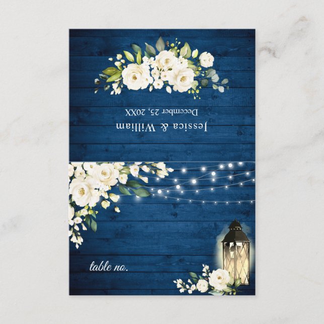 White Roses Blue Wood Lantern Wedding Table Card Einladung (Vorderseite)