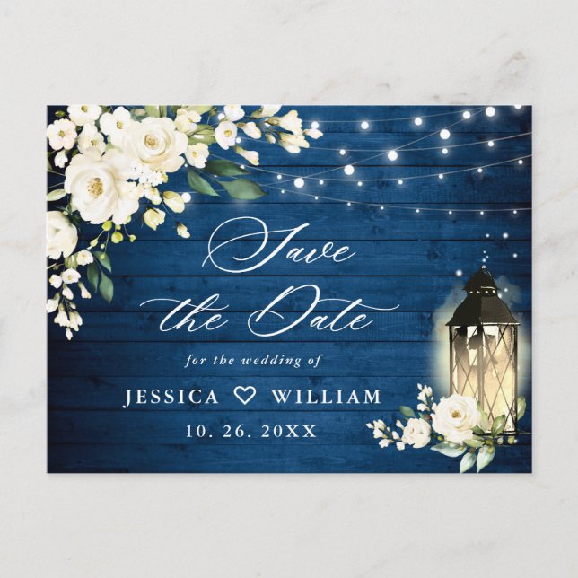 White Roses Blue Wood Wedding Save the Date Postkarte (Vorderseite)