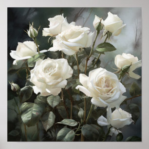 White Roses Blume Art Print Poster