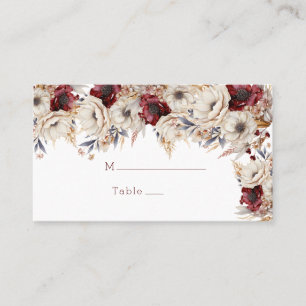 White Roses Burgundy Poppies Wedding Platzkarte