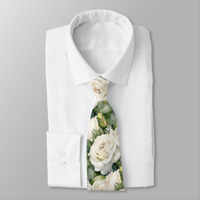 White Roses Classic Formale Floral Neck Tie Krawatte (Gebunden)