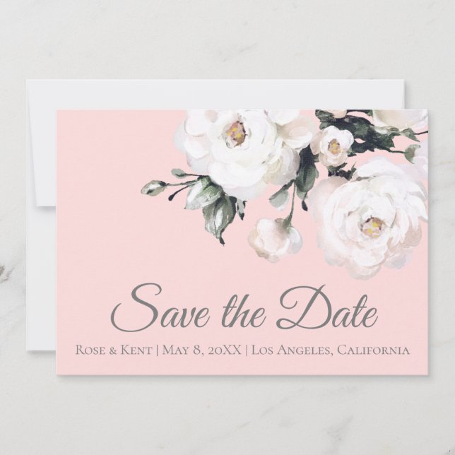 White Roses Corner Bouquet | Pink Save The Date (Vorderseite)