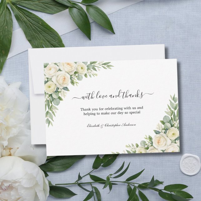 White Roses Cream Floral Greenery Wedding Dankeskarte (White Roses Cream Watercolor Florals Elegant Classic Wedding thank you cards)