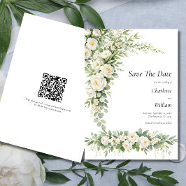 White Roses Cream Wedding Save The Date QR Code Einladung