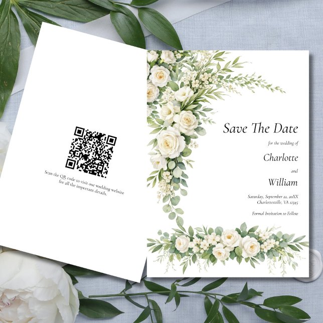 White Roses Cream Wedding Save The Date QR Code Einladung (White Roses Cream Florals Watercolor Elegant Wedding Save the date card)