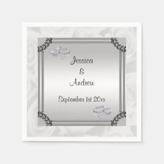 White Roses & Diamond Wedding Rings Serviette