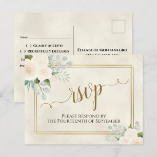 White Roses & Eucalyptus Gold Wedding RSVP Postkarte