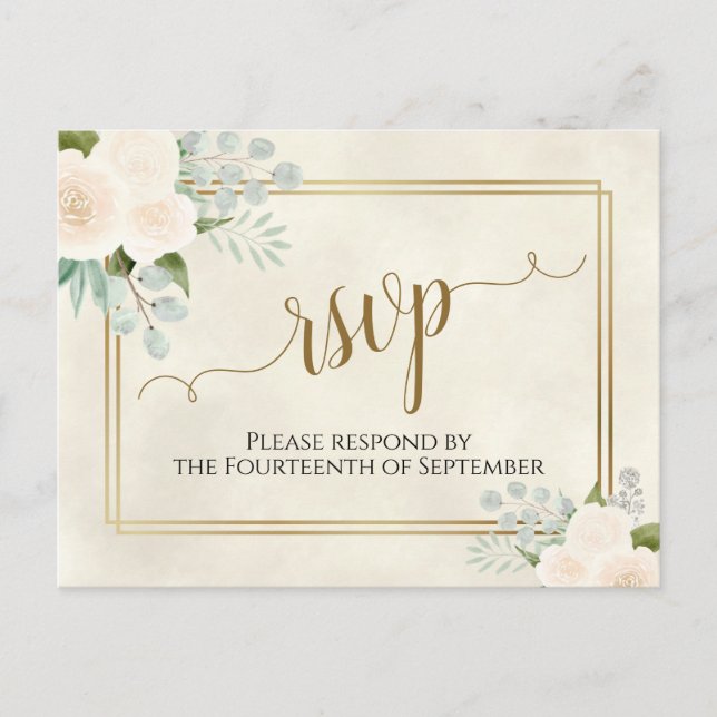 White Roses & Eucalyptus Gold Wedding RSVP Postkarte (Vorderseite)