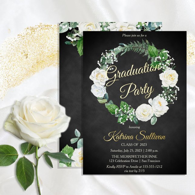 White Roses | Eukalyptus Greenery Graduation Party Folieneinladung (Von Creator hochgeladen)