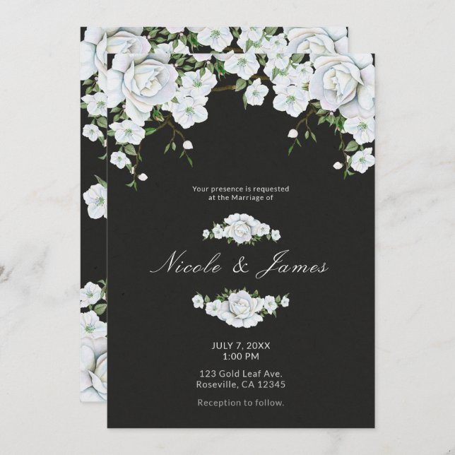 White Roses Floral & Charcoal Gray Wedding Einladung (Vorne/Hinten)