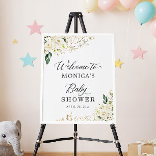 White Roses Floral Gold Blätter Kinderdusche Schil Poster